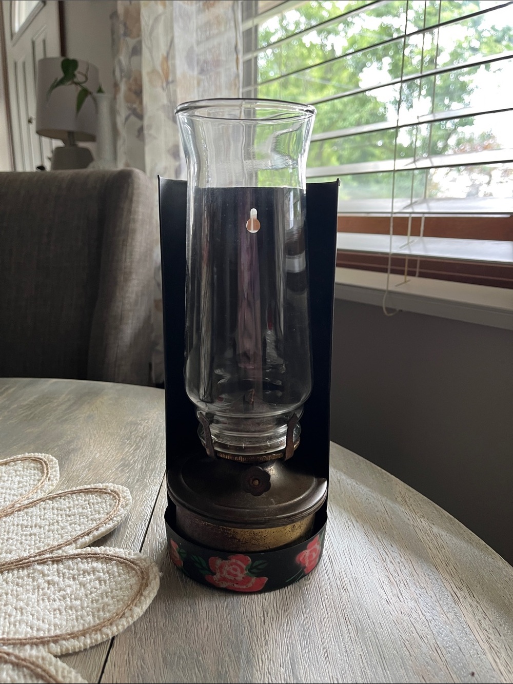 Vintage made in Hong Kong, Hand-Painted Floral Hurricane Lamp - Clear Glass